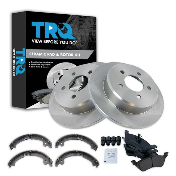 TRQ Rear Brake Pad & Rotor Kit Brake Pads Brake Rotor Parking Brake Shoe Set Ceramic Fits Select 2001-2007 Chrysler Town & Country Dodge Caravan Grand Caravan