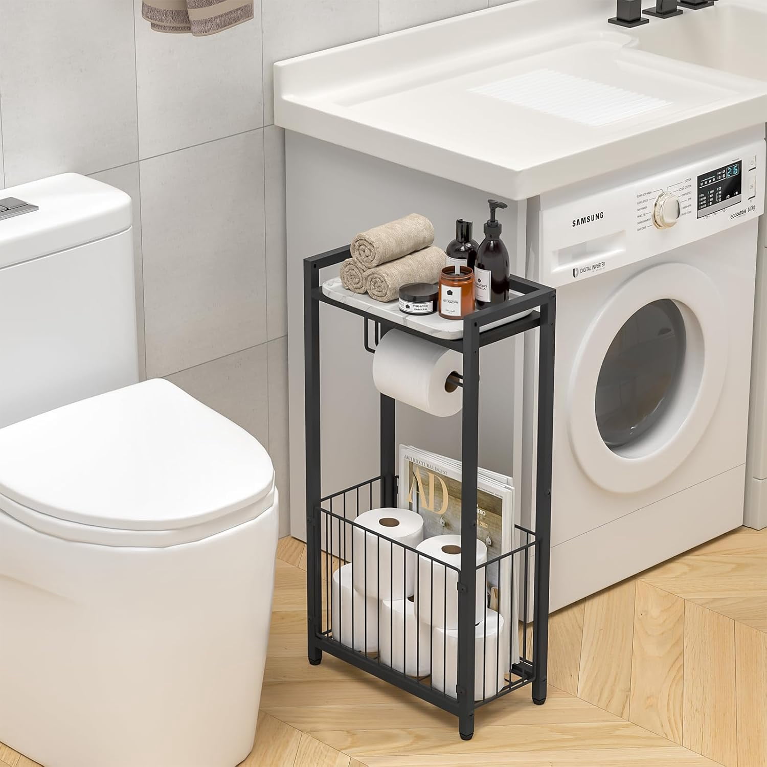 Freestanding Toilet Paper Holder with Storage Shelf – Bathroom Tissue Stand with Space for Phone, Tablet, and Magazines – All-in-One Toilet Roll Dispenser and Organizer