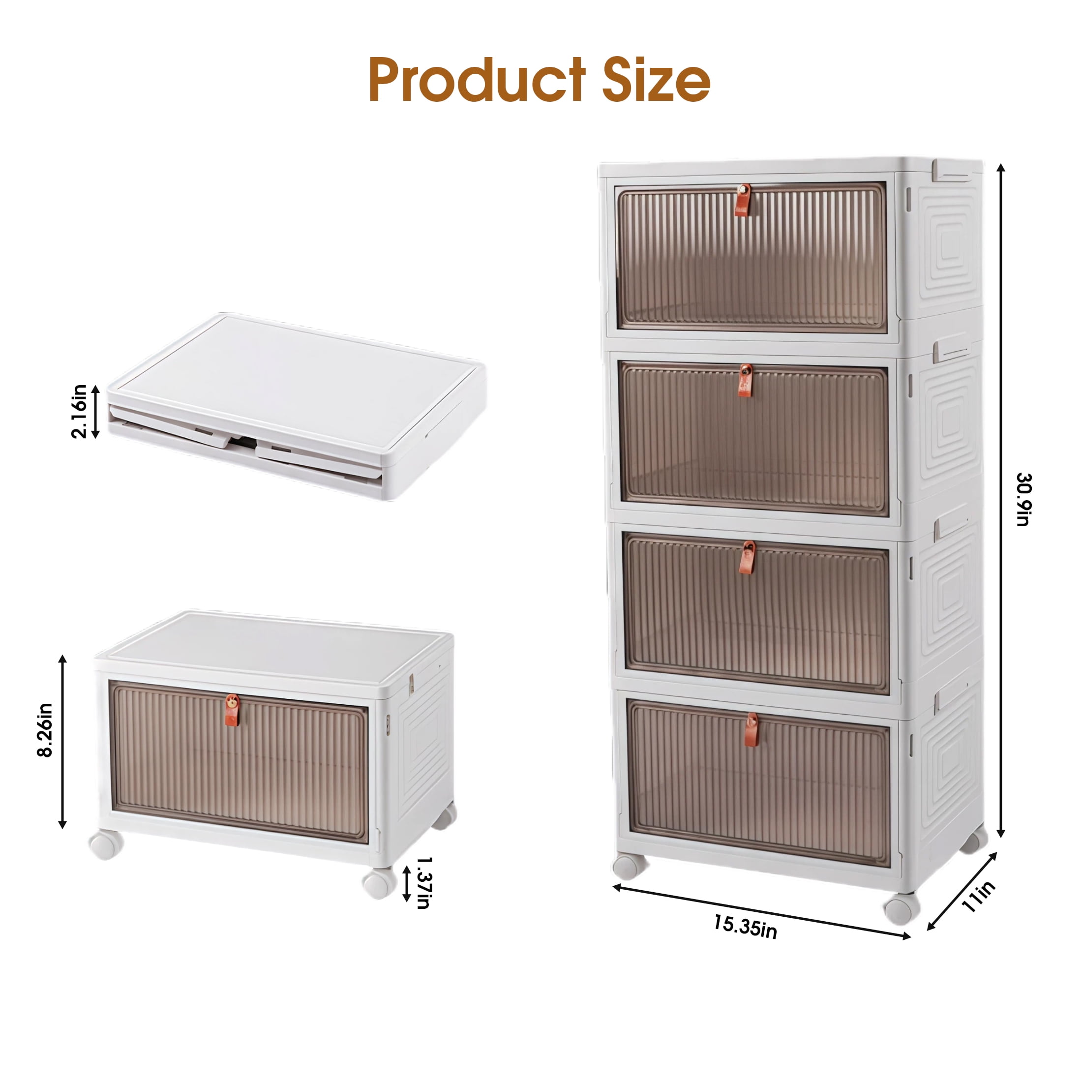 4 Tier Stackable Storage Bins with Lids, 92 QT Foldable Storage Cabinet with Doors and Wheels, Plastic Storages Drawers Closet Organizers for Bedrooms, Living Rooms Dorm, White