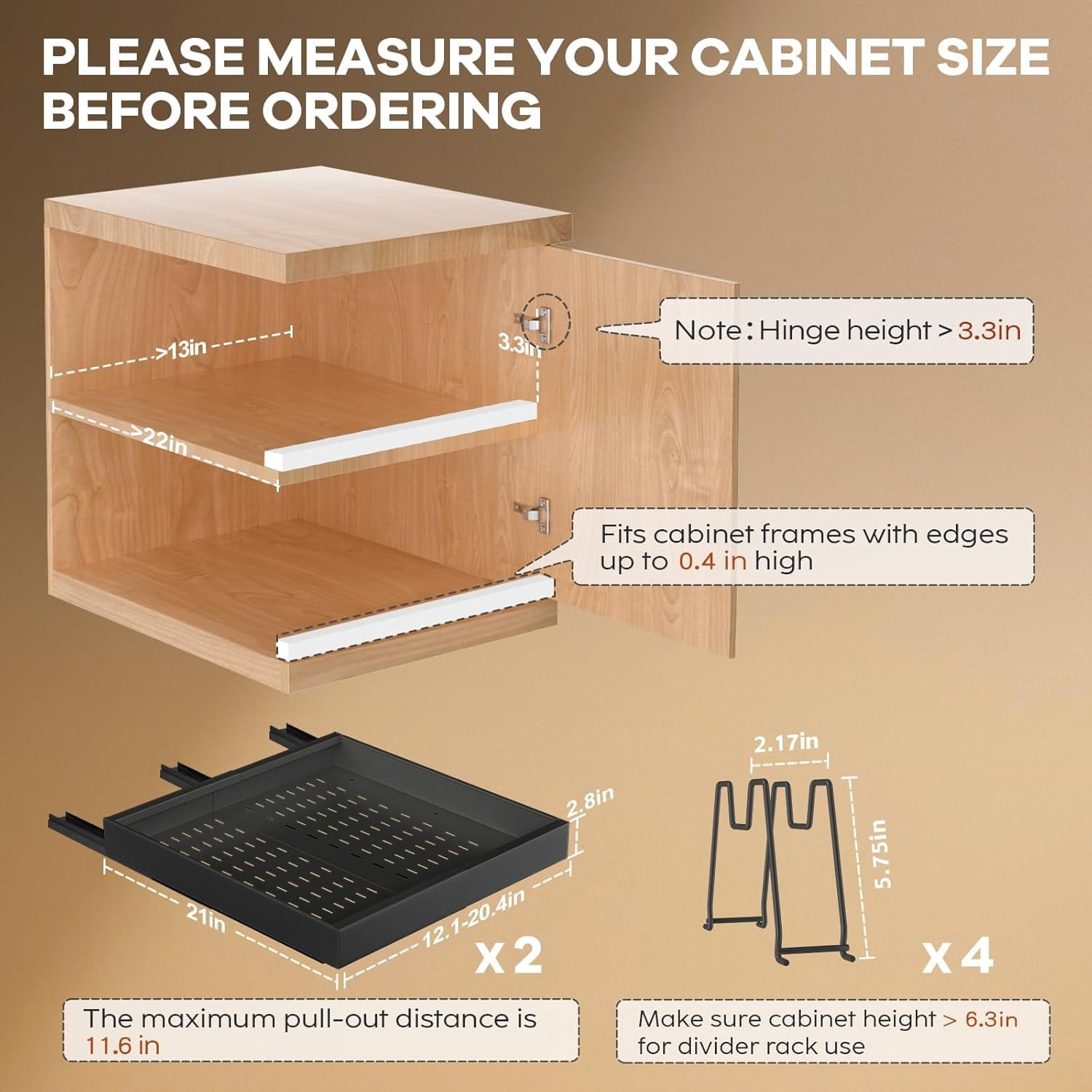 2 Pack Pull out Cabinet Organizer 21"Deep With Raising Pad for Framed Cabinets, Expandable Slide out Drawers for Kitchen Cabinets with 4pcs Divider Racks, Roll out Shelves 12.1"-20.4" W Black