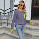 thumbnail image 5 of Camisas de Larga para Mujer, Cuello Redondo A Rayas, Corte Holgado, Camiseta de Bloques de Color Otoño 2025 con Bolsillo Tiras de Color Verde Rosa XL, 5 of 10