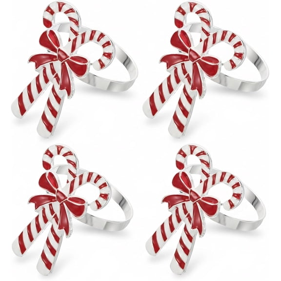 4 Pcs Christmas Napkin Rings, Metal Candy Cane Shaped Napkin Holders for Holiday Table Decor, Xmas Wedding Party Dining Accessories