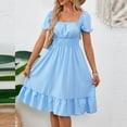 thumbnail image 4 of THDHVS Women's Casual Dresses,Summer Dresses for Women 2025,Summer Casual Short Sleeve Square Neck Smocked Elastic Waist Midi Dress Sky Blue L, 4 of 5