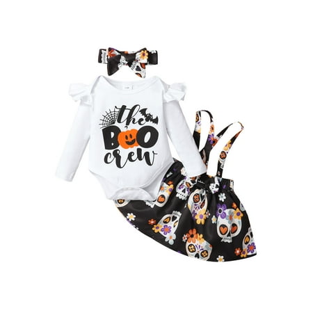 

Bagilaanoe 3Pcs Newborn Baby Girls Overalls Dress Set Long Sleeve Romper Tops + Skull Print Suspender Skirt + Headband 3M 6M 9M 12M 18M Infant Casual Halloween Outfits