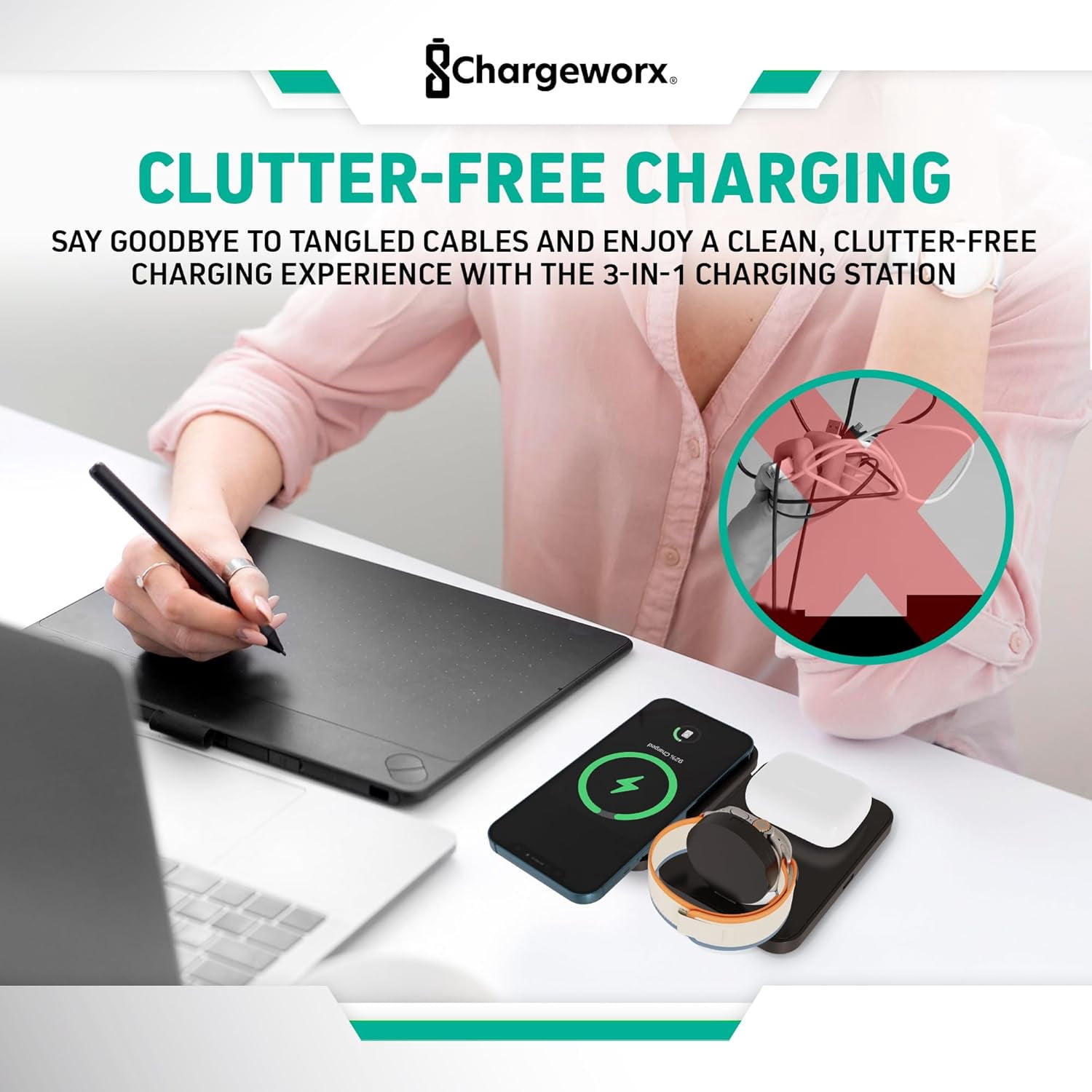 ChargeWorx 3-in-1 Wireless Charger, Foldable Magnetic Charging Station with 15-Watt Fast Charging, Compatible with iPhone, Samsung, and Other Phones, Smartwatches, and Headphones, Black