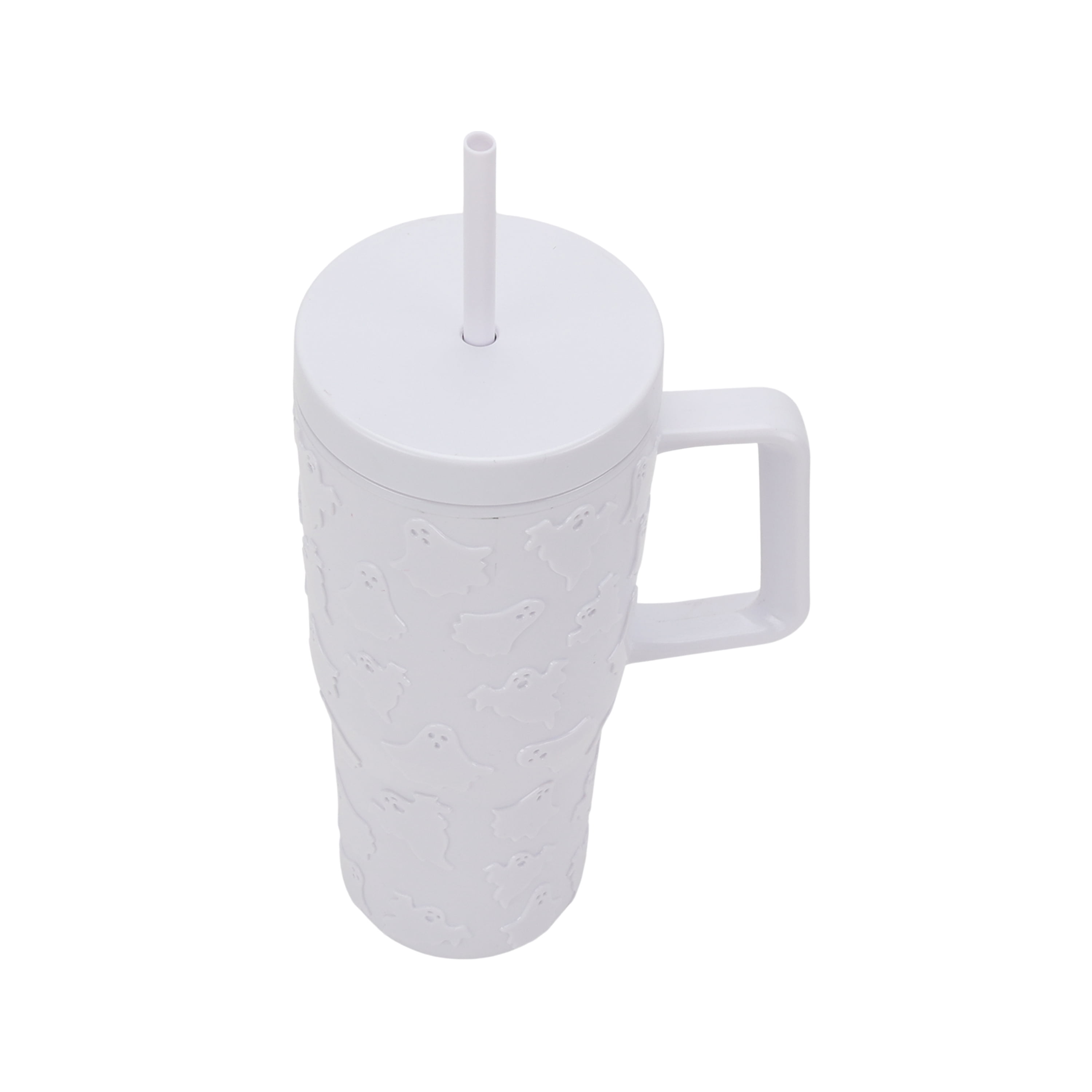 Way To Celebrate 30 Ounce Acrylic Double Wall Embossed Ghost Tumbler with Straw and Handle, White