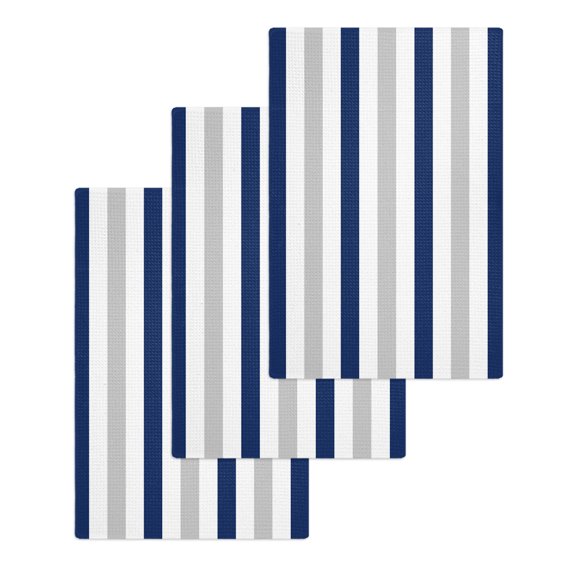 Navy Blue Stripe Kitchen Dish Towels for Drying Dishes Set of 3, Geometric Grey White Vertical Striped Waffle Weave Microfiber Hand Tea Bathroom Towels Quick Dry & Absorbent Towel 15.7x23.6