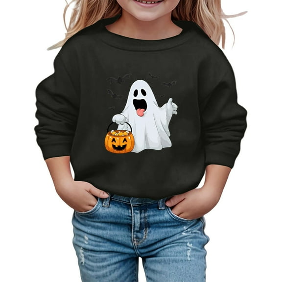 Wuxian Boys Girls Halloween Sweatshirt Pullover Funny Ghost Pumpkin Graphic Print Top Shirt Crewneck Long Sleeve Casual Loose Sweatshirts,Black,11-12 Years