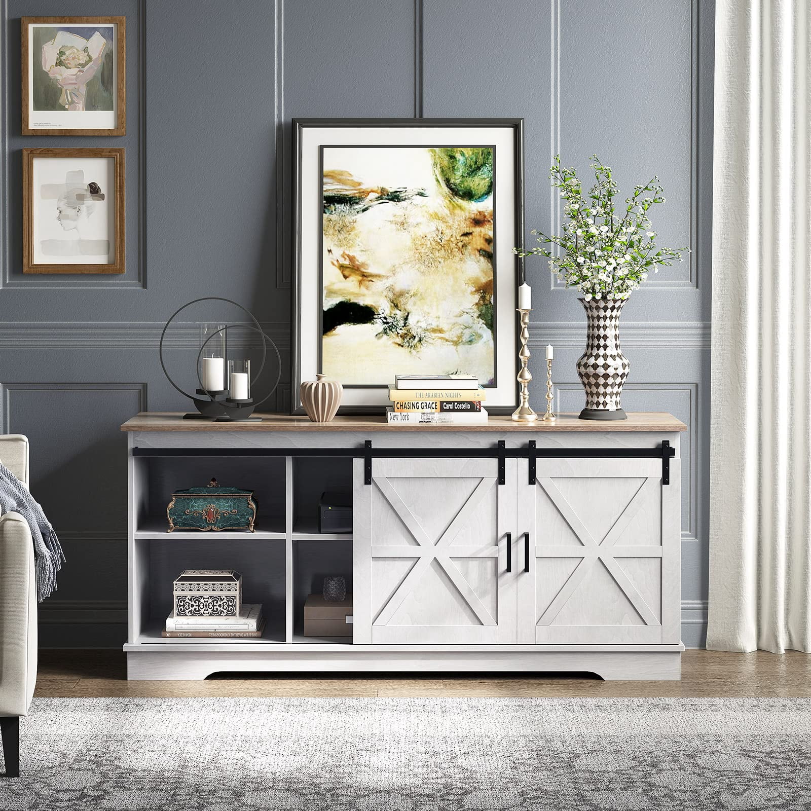 DEXTRUS Buffet Cabinet, 59" Farmhouse Coffee Bar Sideboard Storage Cabinet with Sliding Barn Doors for Kitchen, Living Room