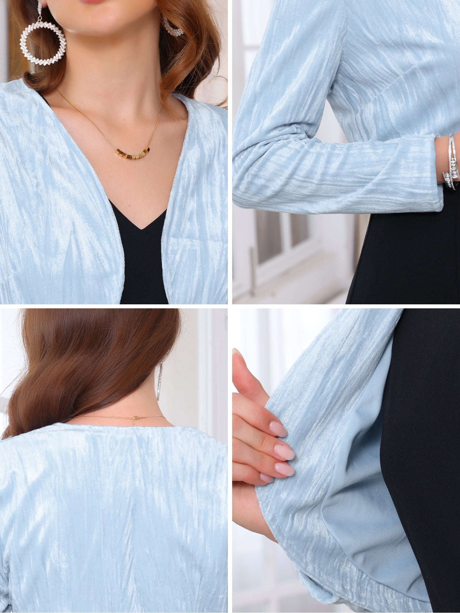 DARING DIVA Elegant Long Sleeve Velvet Gilding  Cocktail Bolero Shrug L Light Blue