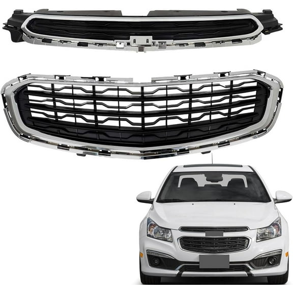 munirater Front Grille Upper and Lower Grill Set Black with Chrome Trim Replacement for 2015 CRUZE