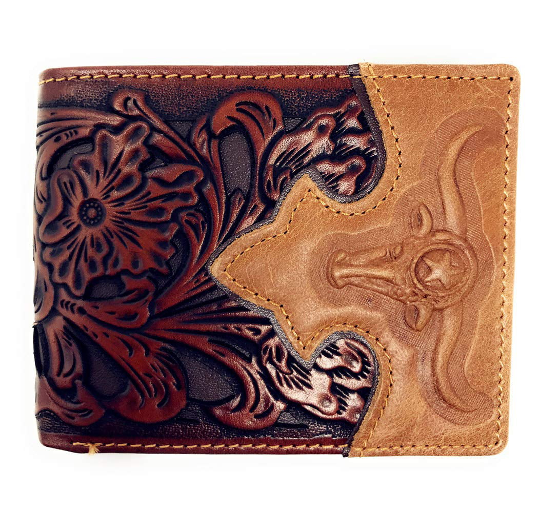 men brown floral longhorn horseshoe cowhide bifold slim tall long leather wallet