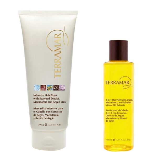 Terramar Dúo Capilar: Mascarilla Intensiva 200g + Óleo 3 en 1 de 98 ml. Con Argán, Macadamia, Algas y Monoi de Tahití, Hidratación y Brillo Sin F
