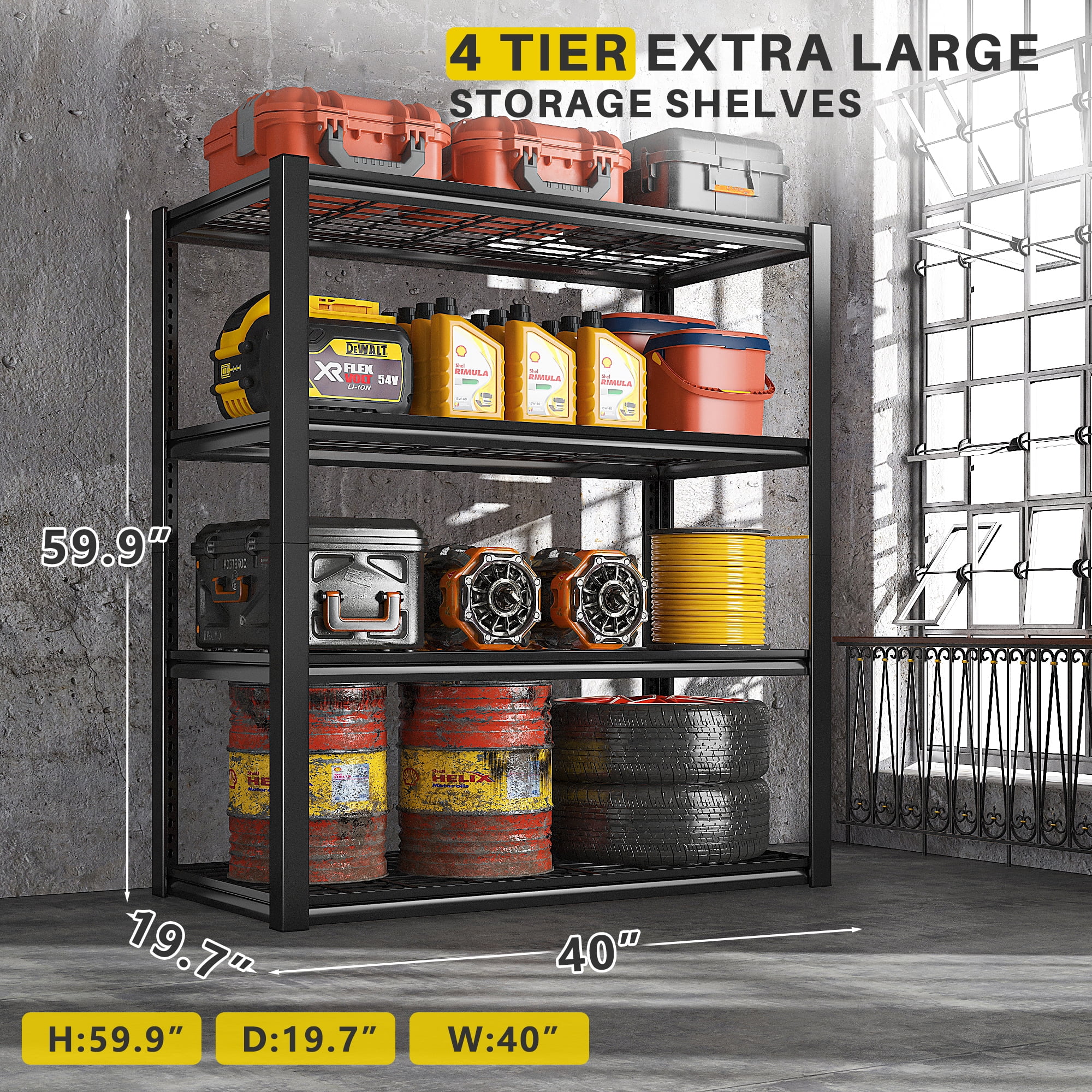 REIBII 2200LBS Garage Shelving Units Heavy Duty  Adjustable Metal Shelving 4 Tier Storage Shelves,39.4" W x 19.7" D x 59.9H