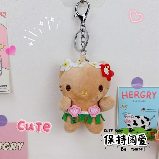 Sanrio-Llavero de peluche de Hello Kitty, bonito llavero de muñeca hawaiana, peluche esponjoso, vacaciones, piel negra, mochila de juguete colgante, regalo Fivean unisex