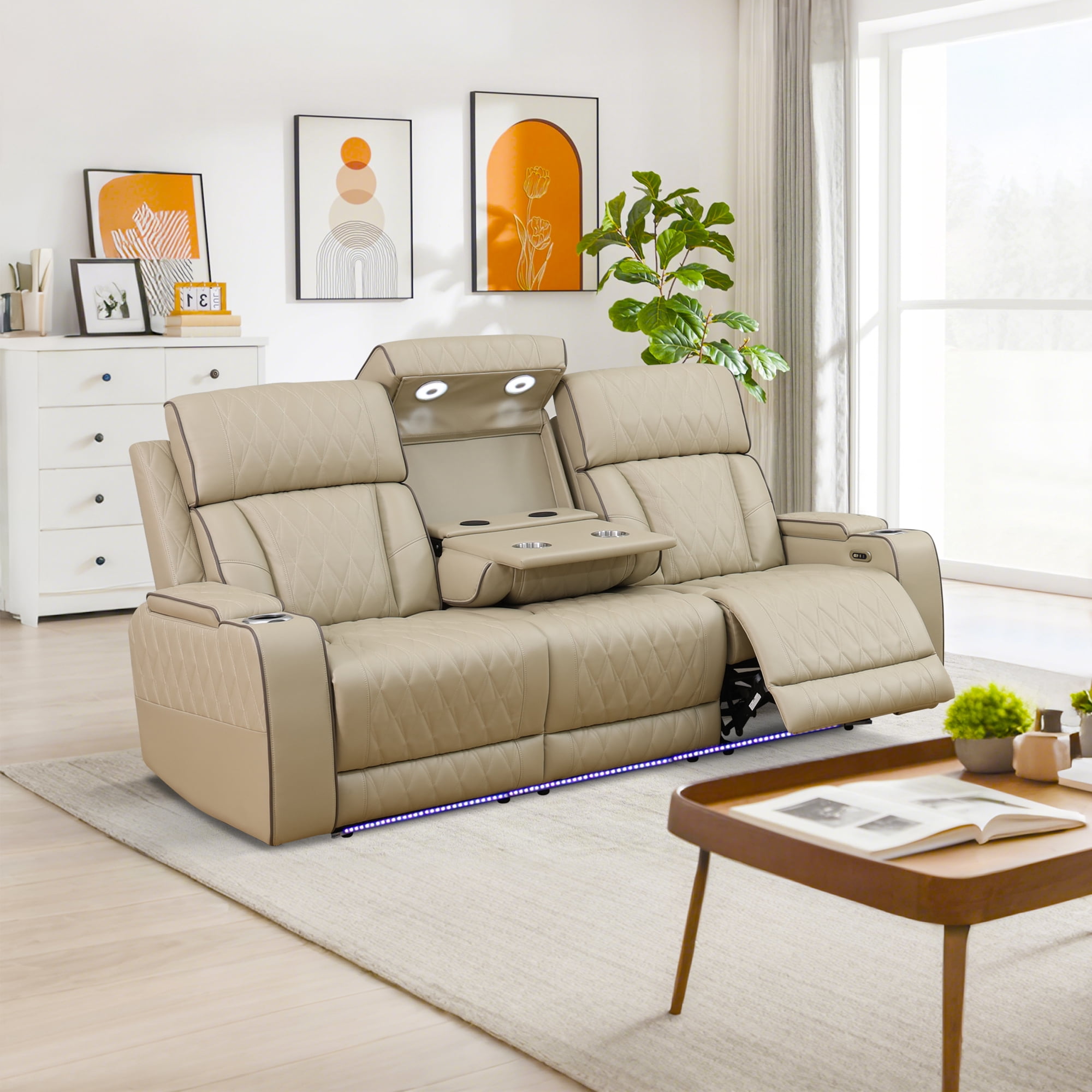 Gewnee Power Reclining Multifunctional Sofa with USB, Air Leather, Storage Console, Living Room,Khaki