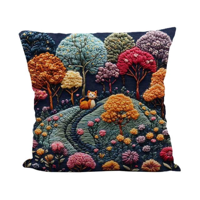 Polyester Pillow Case with Imitation Embroidery Kittens and Nature Scene Design 45 cm x 45 cm
