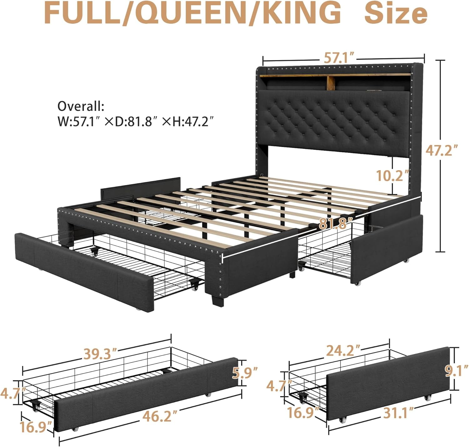 Pipleo Full Size Bed Frame with headboard, Full Bed Frame with 3 Drawers, Velvet Upholstered Platform Bed Frame with Storage, LED Lights and Charging Station