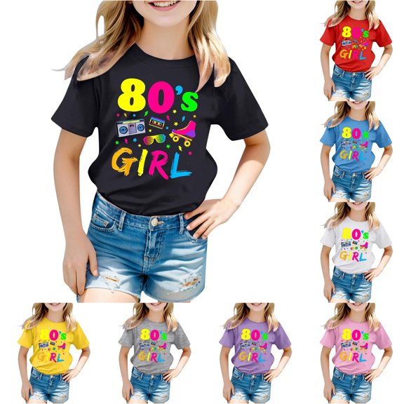 Trendfront Girls Short Sleeve Graphic T Shirts 80s Girl Retro Crewneck Casual Regular Fit Summer Daily School Uniform Tee Tops