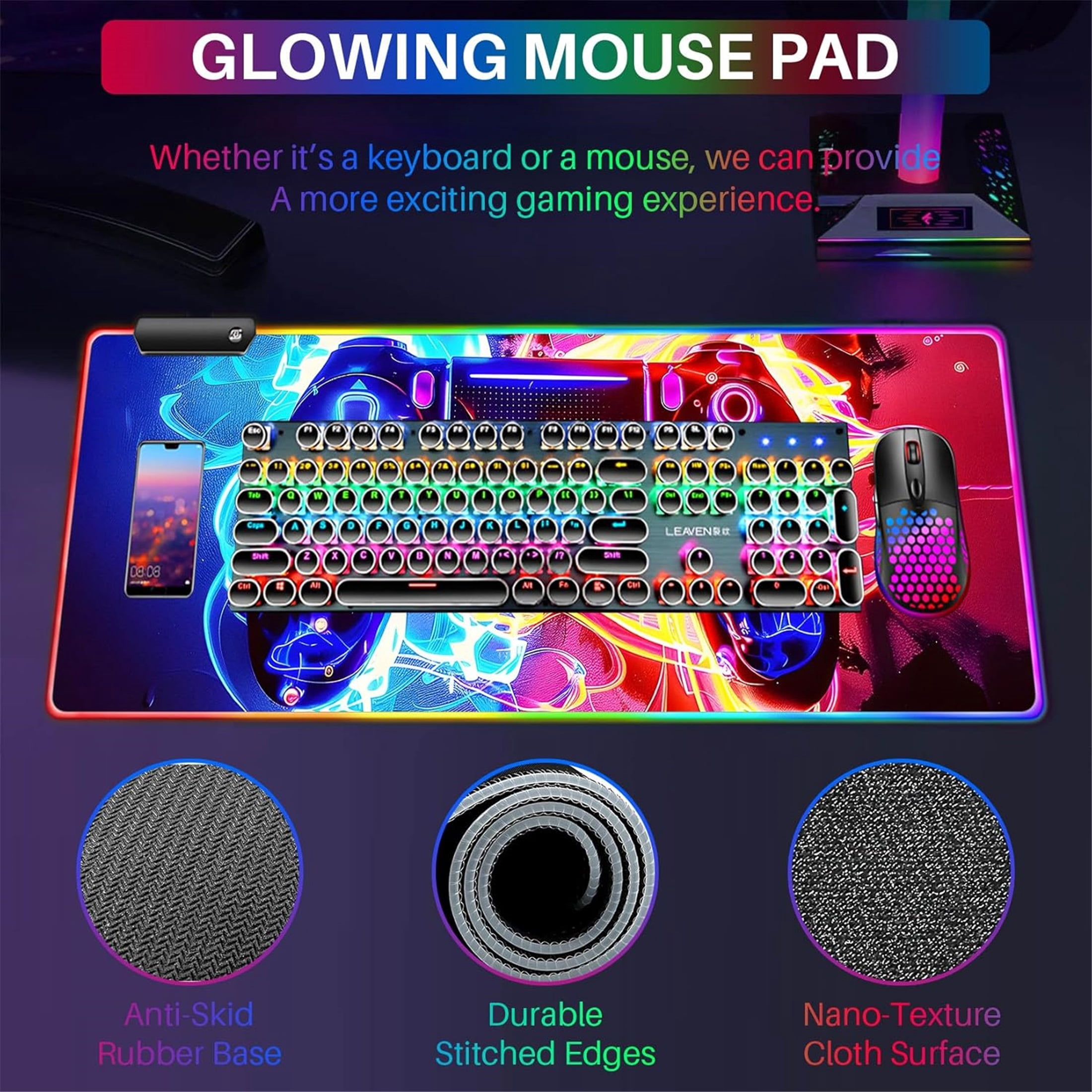 XL Led Gaming Mouse Pad with 14 Light Modes - Light Up Gamer Mouse Pad,31.5 x 11.8in Non-Slip Gamepad Style RGB Large Gamer Mousepad,Black Long Glowing Gaming Accessories for Desk,Waterproof