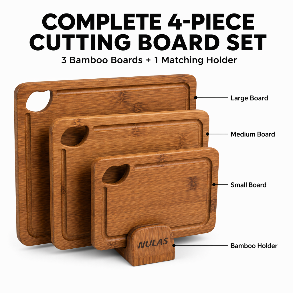 NULAS 4-Piece Bamboo Cutting Board Set with Holder and Handles photo 7