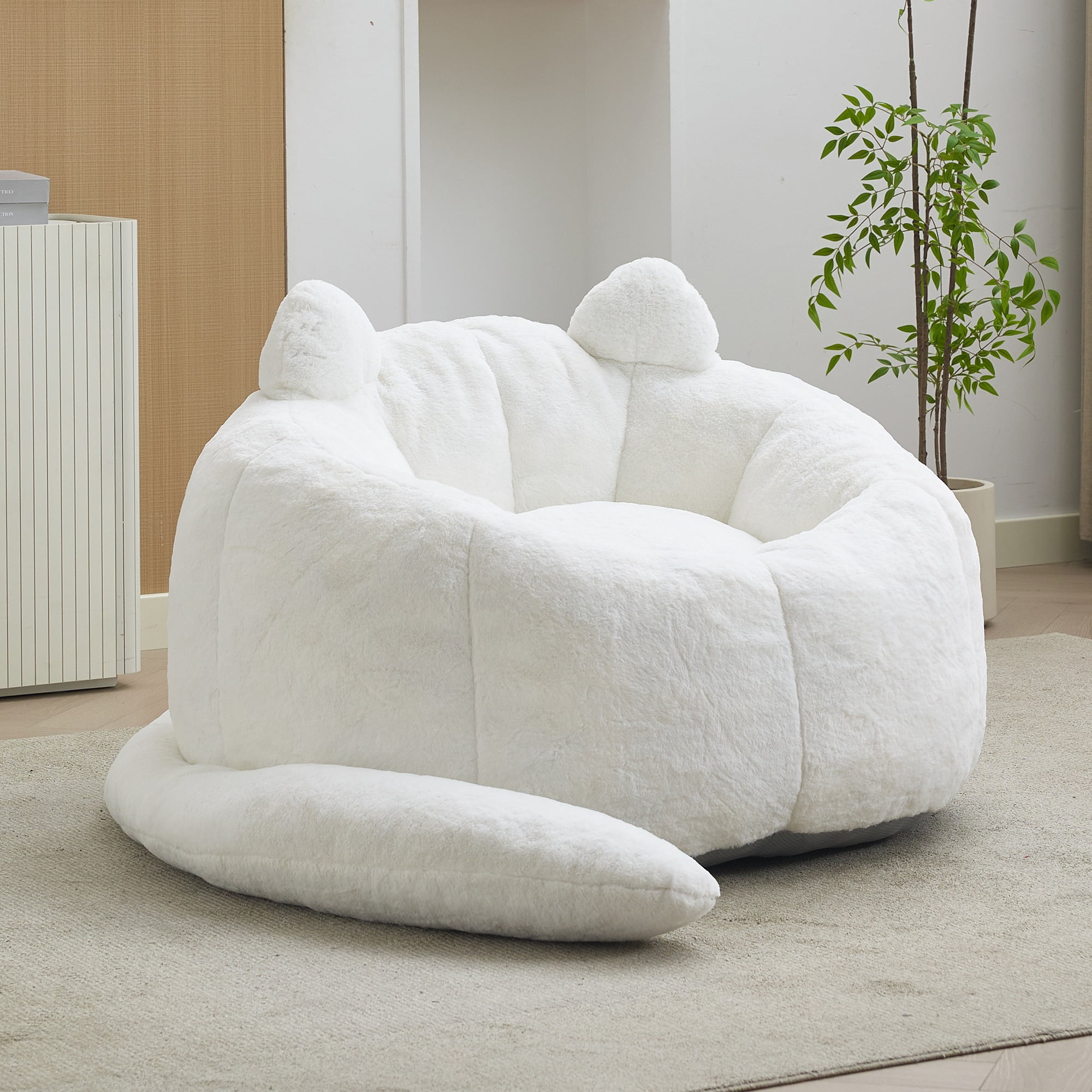 Peispie Giant Cat-Shaped Bean Bag Chair with Long Tail, Cute Comfy Floor Sofa Lounge Chair for Adults & Kids, High-Density Memory Foam Filled Accent Reading Chair for Bedroom, No Assembly, White