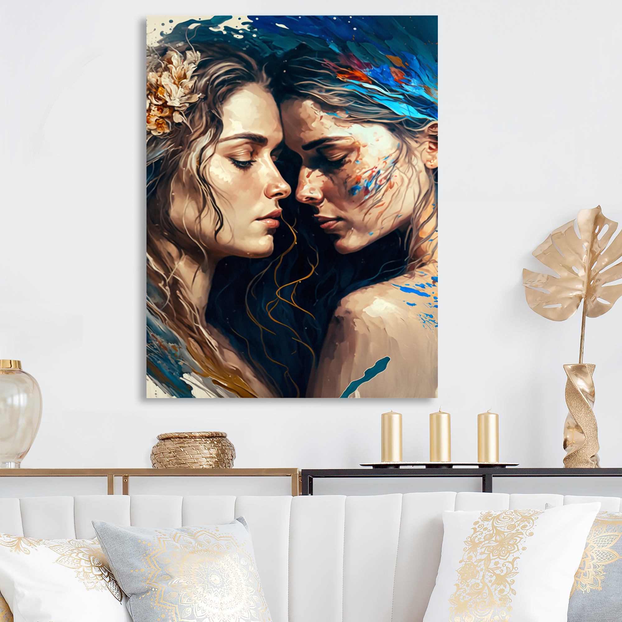 Designart Two Women Kissing With Flowers III Canvas Wall Art