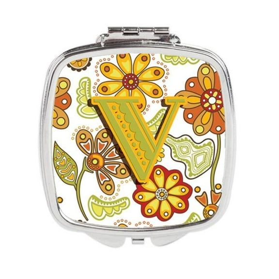 Carolines Treasures  Letter V Floral Mustard & Green Compact Mirror