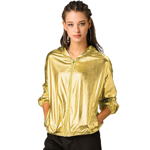 Día de San Patricio Traje De Navidad Para Mujer, Brillante, Holográfico, De Manga Larga, Con Cremallera, Chaqueta Metálica Con Capucha Oro S
