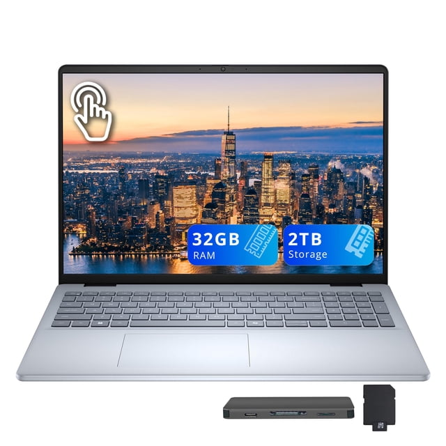 Dell Portable à Écran Tactile 16 Pouces FHD+, Intel Core 7 150U, 32 Go de RAM, Stockage 2 To (SSD 1 To + Station d'Accueil 1 To), Intel UHD Graphics, Clavier Rétroéclairé, Lecteur d'Empreintes Digitales, Windows 11, Bleu Glace