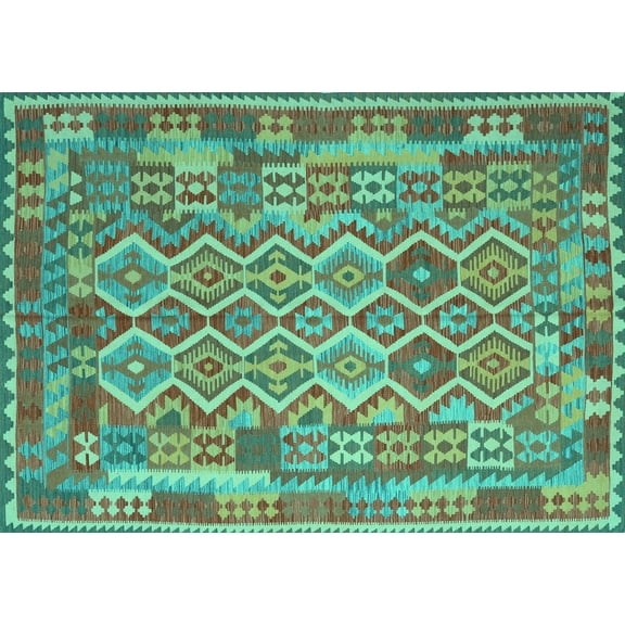 Ahgly Company Machine Washable Indoor Rectangle Southwestern Turquoise Blue Country Area Rugs, 5' x 7'