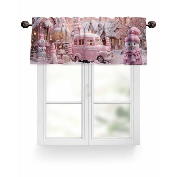 Pink Christmas Car Kitchen Valances for Windows Winter White Snowscape Valance Curtains for Kitchen /Living Room/Bedroom/ Bathroom Decor, 42"x12 " ,Rod Pocket 1 Panel,