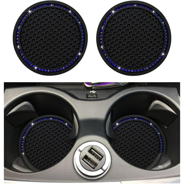 Yazoeia 2 PCS Bling Car Cup Coaster, 2.75 Inch Anti-Slip Anti-Scratch Cup Holder Insert Coaster, Sparkling Crystal Rhinestone Auto Cup Mat, Universal Interior Car Accessories (Black&Blue)