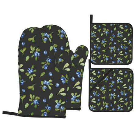 

Oven Mitts and Pot Holders 4 pcs Set Blueberries leaf Print Heat Resistant Pot Holders Oven Mitts for kitchen Non-Slip Hanging Loop Oven Glove Potholders for Baking Cooking