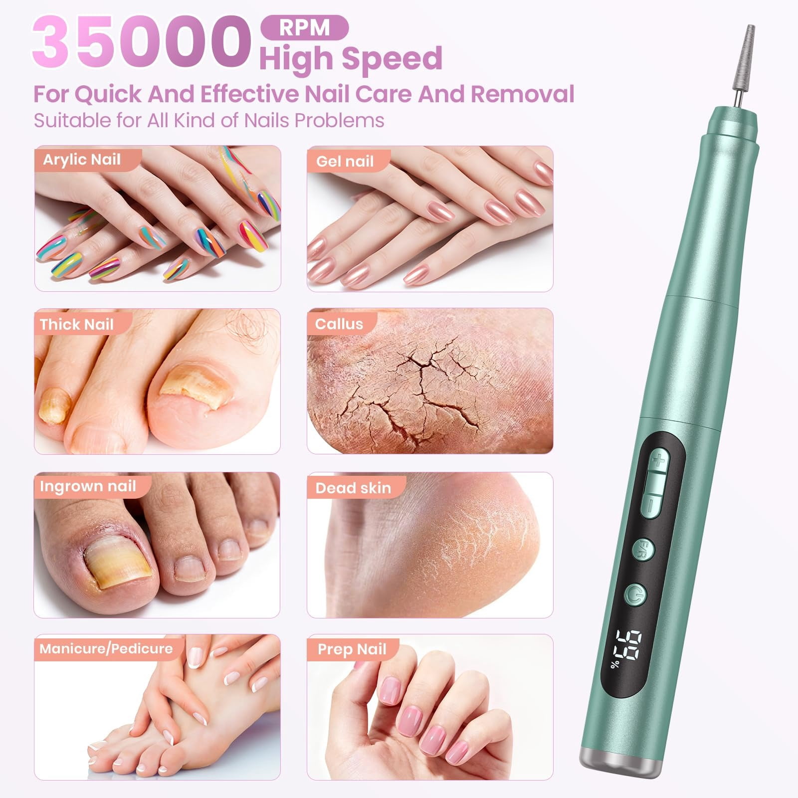 Cordless Nail Drill 35000RPM, LCD Display Low Noise Nail File Kit, Portable Manicure Pedicure Tool for Acrylic/Gel Nails, with 9 Drill Bits & Sanding Bands