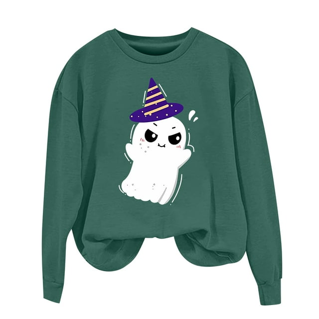 NMMUED Chandail d'Halloween pour Femmes, Chandails à Col Rond pour Femmes, Hauts d'Halloween pour Femmes, Chandails à Manches Longues pour Femmes, Chandail d'Halloween Vintage, Chandails d'Automne pour Femmes, Vert Foncé TTG