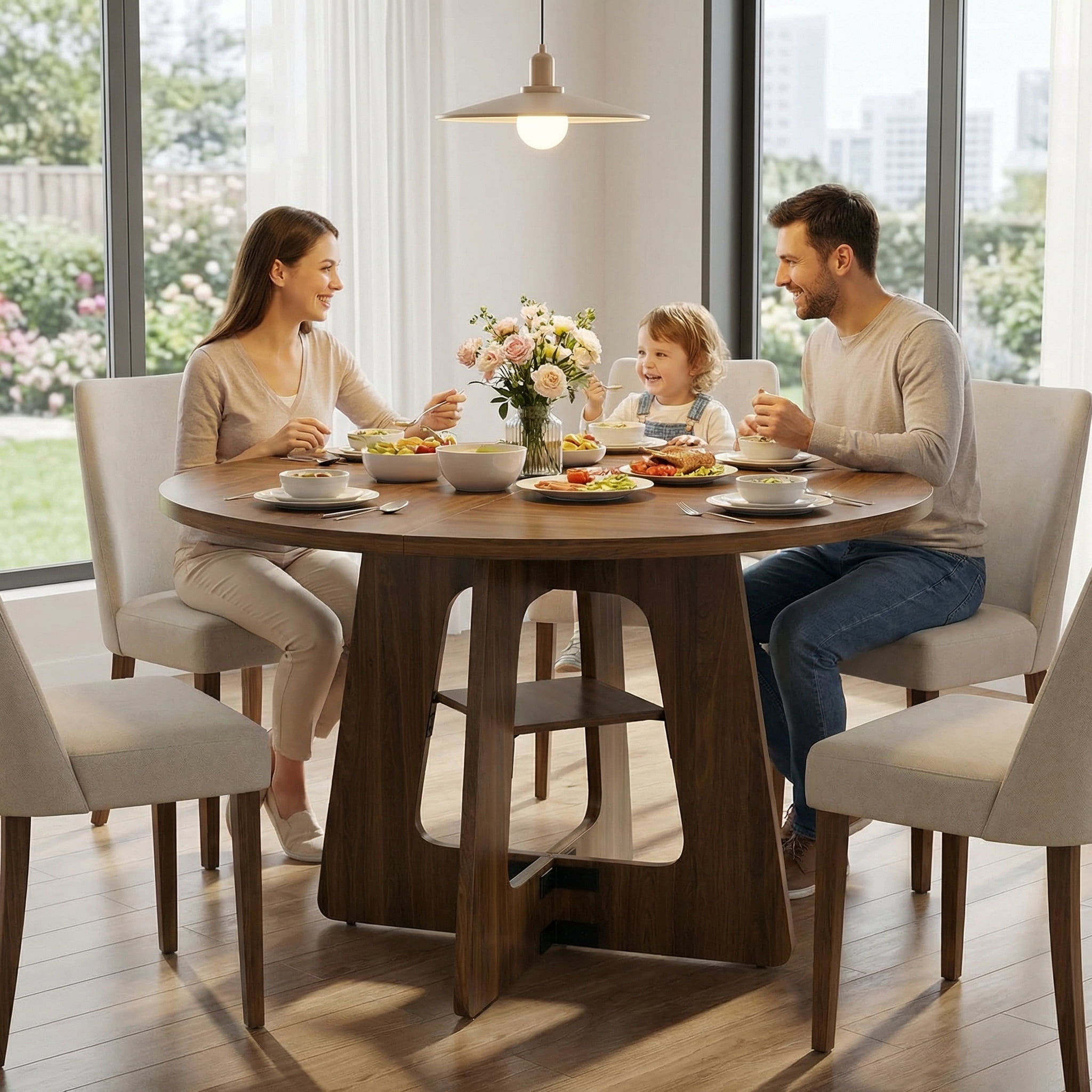 47" Round Dining Table for 4 to 6 Person, Farmhouse Kitchen Table with Under-Table Storage Shelf, Solid Wood Construction for Dining Room, Living Room, Brown