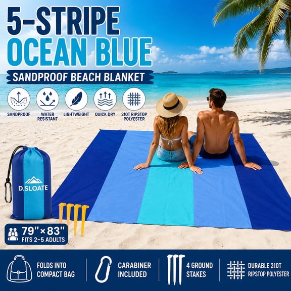 D.SLOATE Sandproof Beach Blanket 79 x 83 Inch, Waterproof Quick-Dry Beach Mat for 2-5 Adults, Lightweight Foldable Picnic Blanket with 4 Ground Stakes, Storage Bag & Carabiner, Ocean Blue 5-Stripe