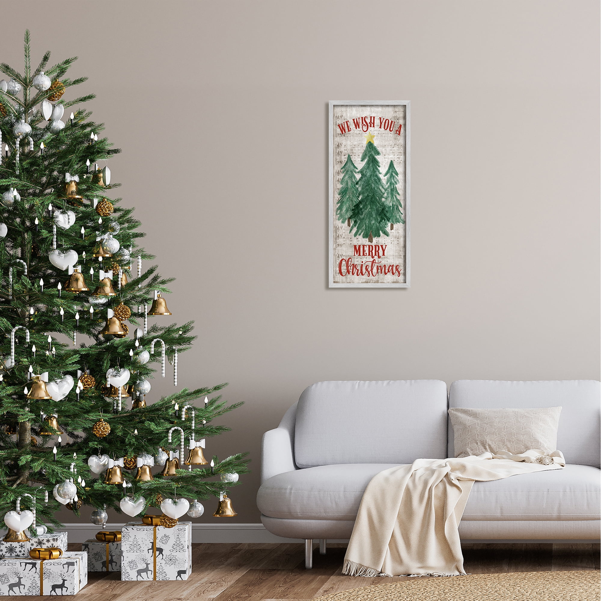 Stupell Industries Merry Christmas Sheet Music Holiday Painting Gray Framed Art Print Wall Art, 13 x 30