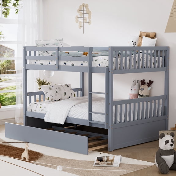 Wiilayok 77.9"x 57"Wood Full over Full Bunk Bed with Trundle,Convertible to 2 Full Size Platform Bed, Full Size Bunk Bed with Ladder and Safety Rails for Teens,Adult,Grey(No Box Spring Needed)