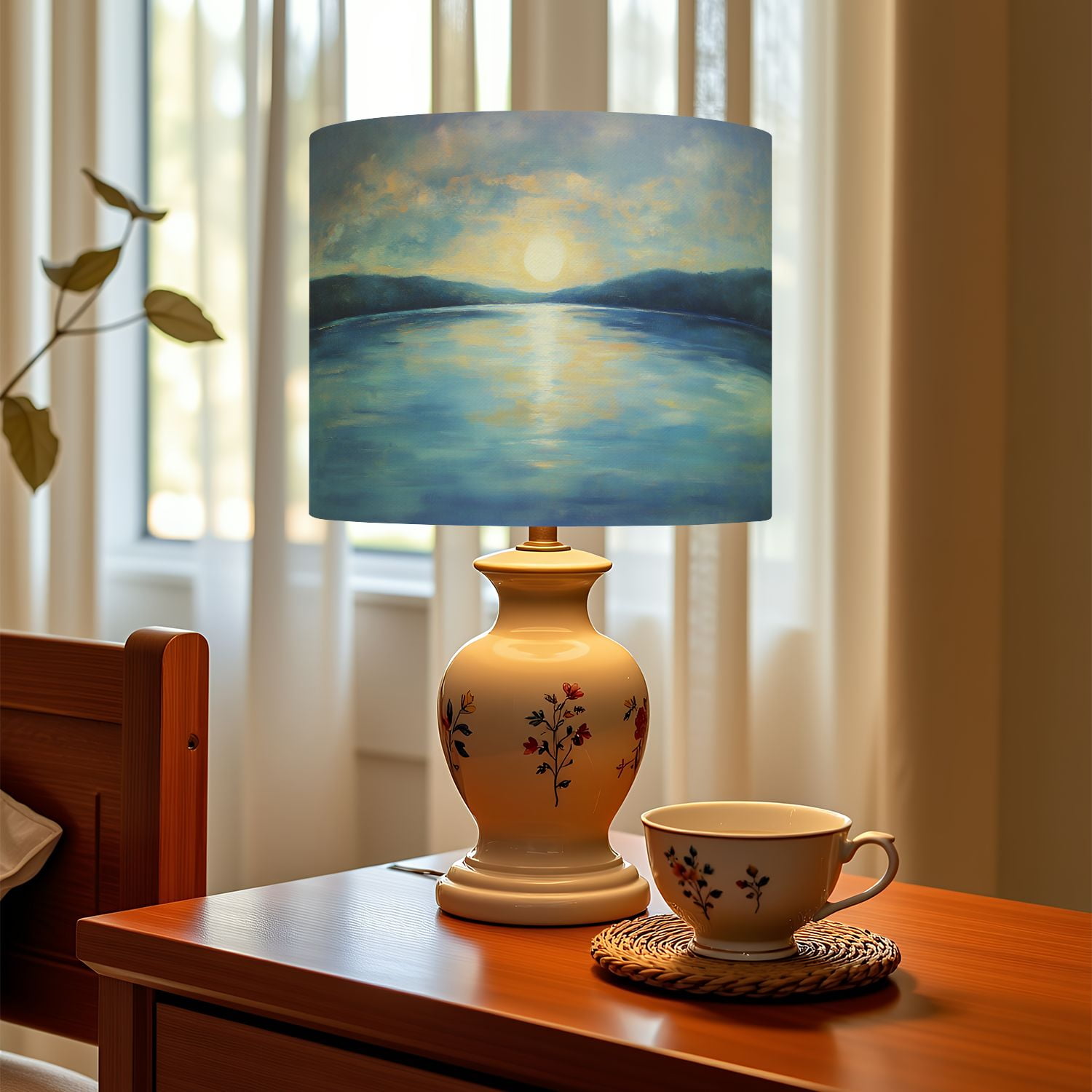Linen Drum Lampshades Abstract Modern Blue Ocean Coastal Sunset Sunrise Sea Lake Water 13"x13"x10" Light Shade for Table Lamps Drum Lamp Shades Lampshade Replacement Assembly Required