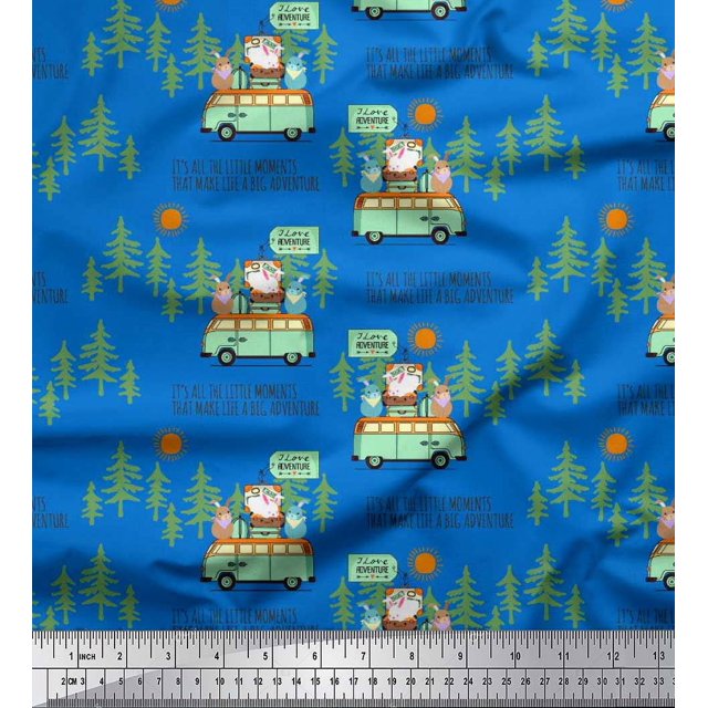 Soimoi Polyester Crepe Fabric Rabbit,Van & Suitcase Travel Print Fabric by The Yard 52 Inch Wide
