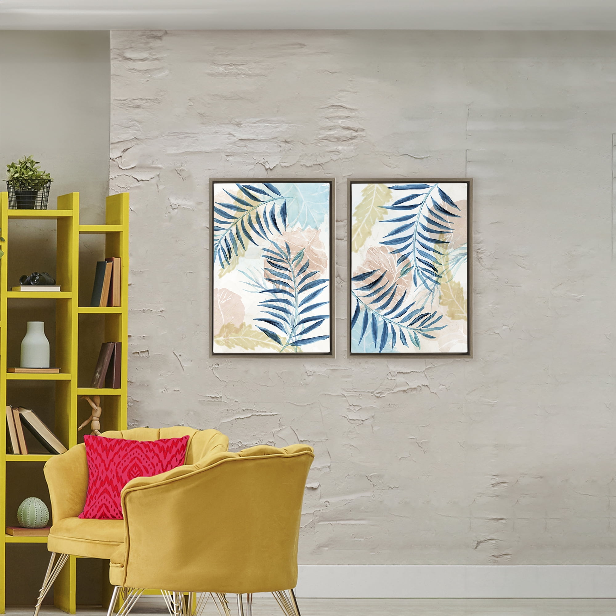 Stupell Industries Pastel & Blue Palm Fronds 2 Piece Brown Framed Floater Canvas Set, design by Nan