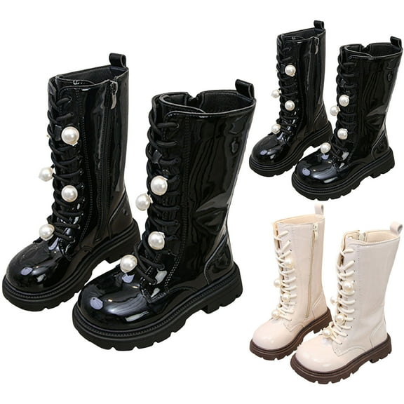 Dakaela Girls Knee High Boots Kids Lace up Combat Dress Tall Boot Pearl Side Zipper Motorcycle Riding Winter Outdoor Shoes Black 9