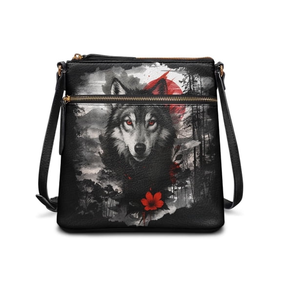 Kuiaobaty Wolf Flowers Print Crossbody Bag for Women, Lightweight Leather Satchel Purse Crossbody with Adjustable Strap, Waterproof Shoulder Handbag for Travel, Black