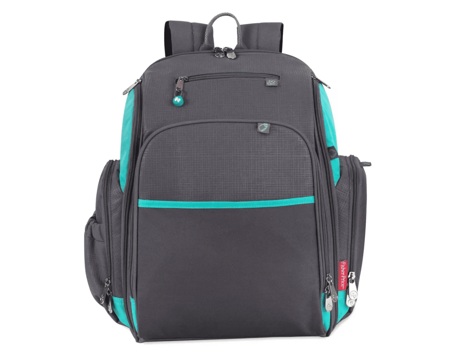 Fisher-Price Large Multi-Pocket Multifunction Kaden Baby Diaper Bag Backpack for Infant Boys & Girls with Insulated Bottle Pocket, Changing Pad, Wipes Dispenser in Unisex Gray & Aqua