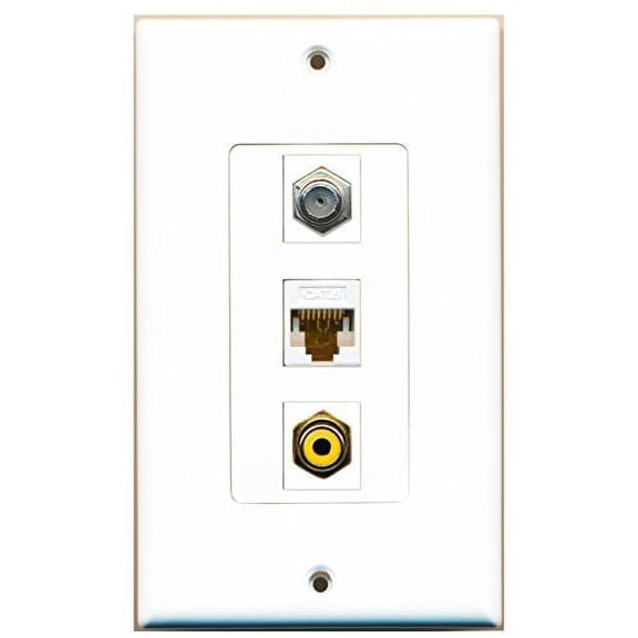 RiteAV - 1 Port RCA Yellow and 1 Port Coax Cable TV- F-Type and 1 Port Cat6 Ethernet White Decorative Wall Plate Decorative