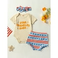 thumbnail image 3 of Aojekbee Independence Day Baby Girls Outfit Letter Print Short Sleeve Jumpsuit and Elastic Star Stripe Shorts Headband Set, 3 of 10