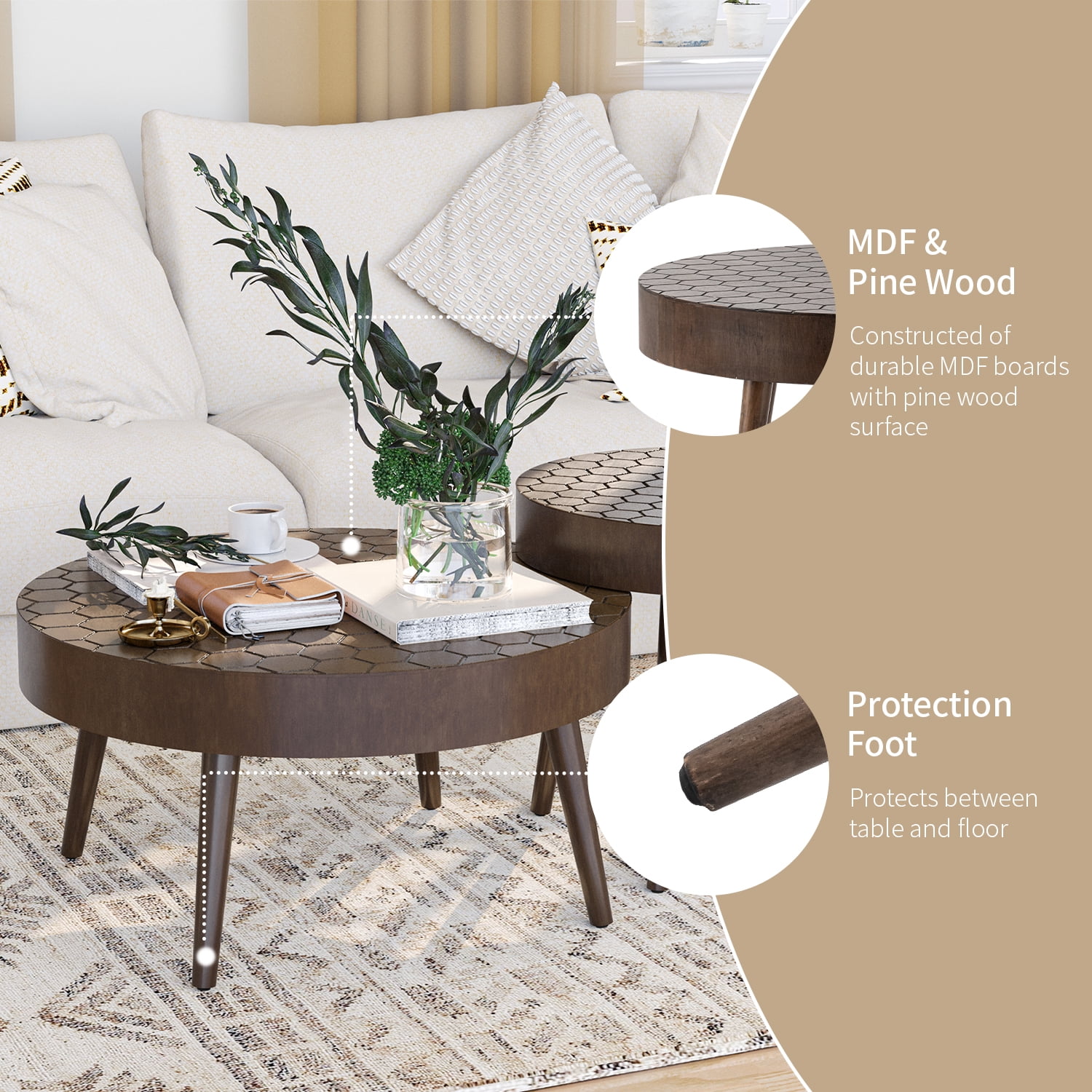 FOROUTIA Nesting Round Wood Coffee Table Set of 2,Morden Circle Side Table  for Living Room