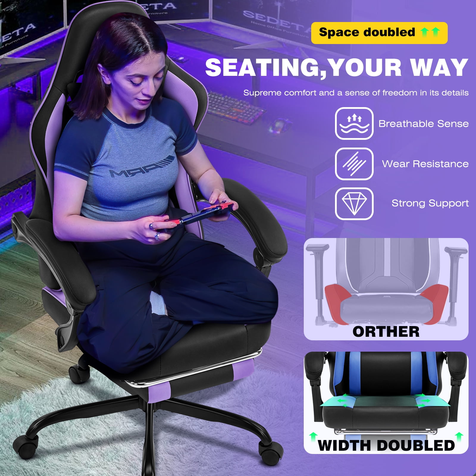 Falvinoryn Gaming Chair, Video Game Chair with Headrest and Lumbar Support,High Back Ergonomic Computer Chair with Footrest,Swivel Desk Office Chair, Purple